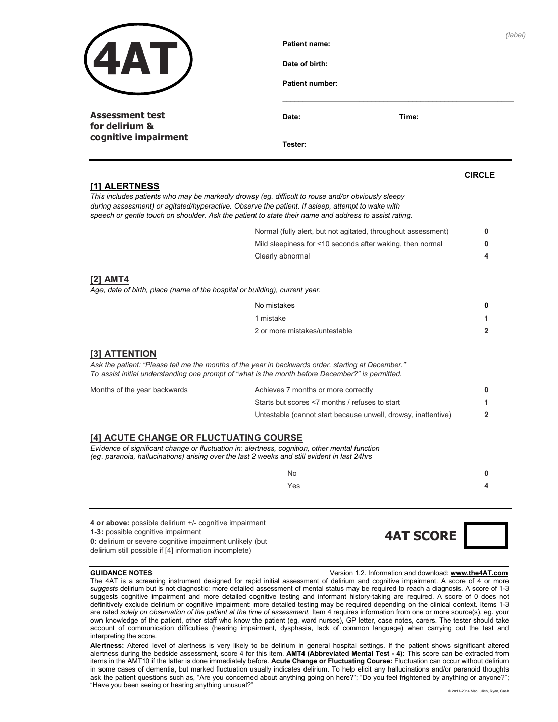 Preview of the official one-page 4AT delirium assessment form