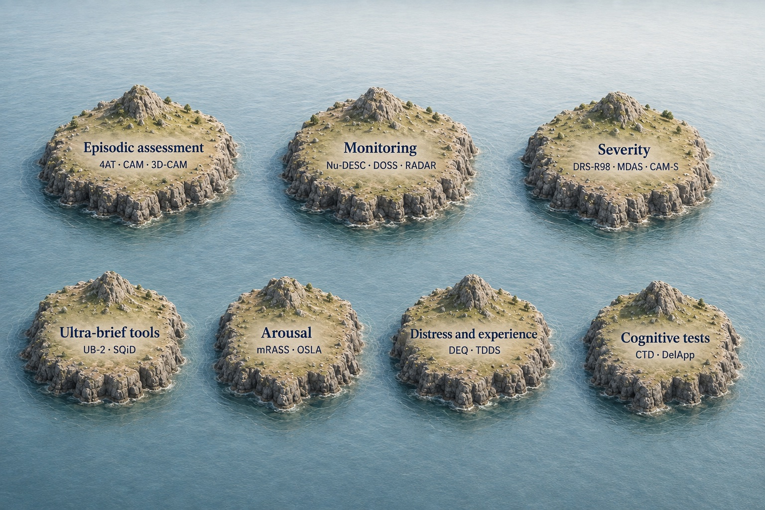 Seven separate islands: episodic assessment, monitoring, severity, ultra-brief tools, arousal, distress and experience, and cognitive tests.